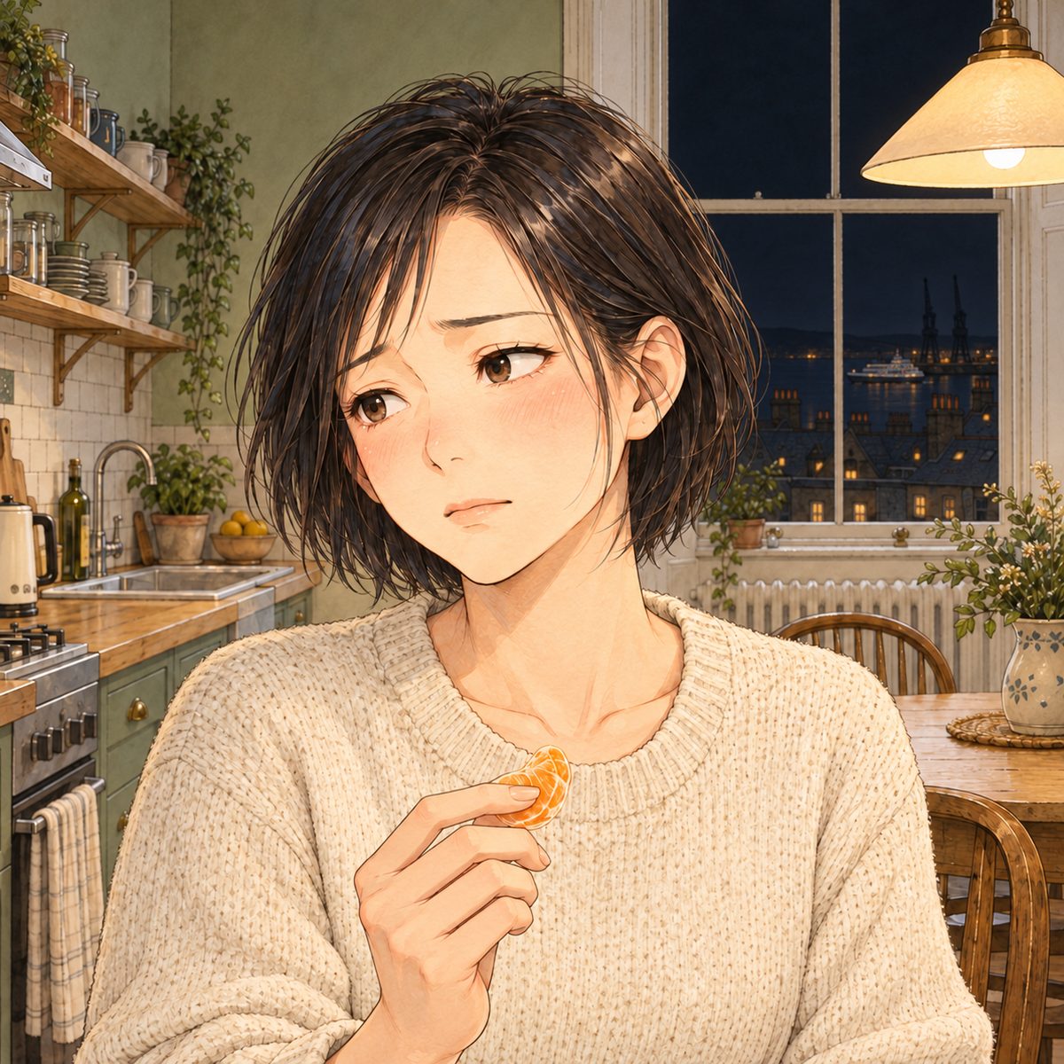 Lamplight on her face. Mama looks LEFT at Xiaoyu off panel, gentle and sad, a piece of clementine in her fingers. Her face in the middle of the panel. Her jumper below is the quiet area.