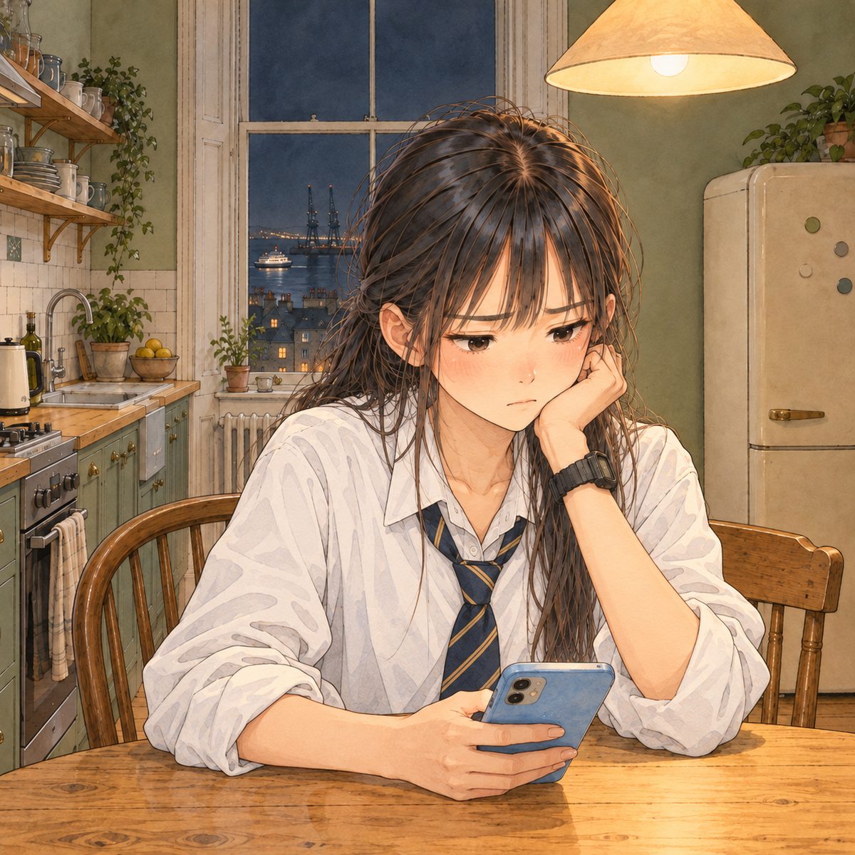 Lamplight. Xiaoyu lowers the phone and looks down at the table, deflated. Her face in the middle of the panel. Her shirt and tie below are the quiet area.