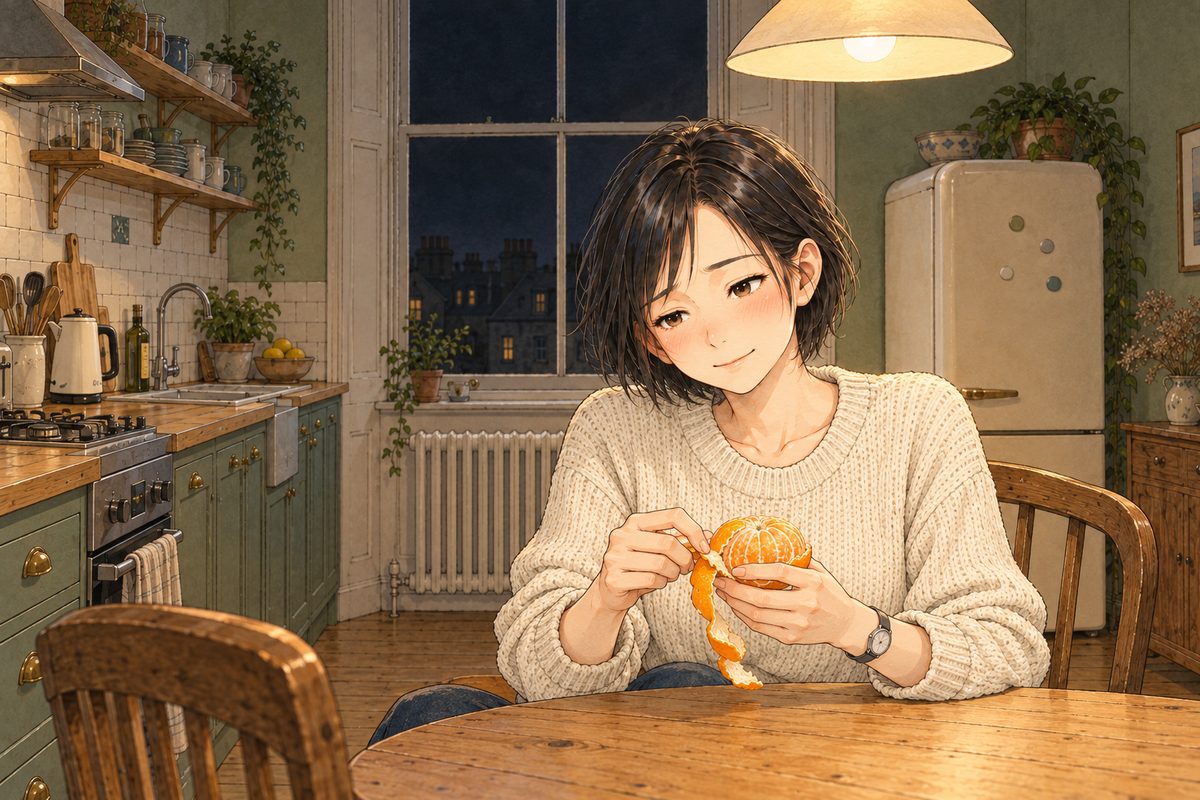 Evening lamplight, the black window behind. Mama sits at the RIGHT of the table, smiling a little to herself, holding the half-peeled clementine. Her face in the lower middle of the panel. The black window and dark wall above are the quiet area for the box.