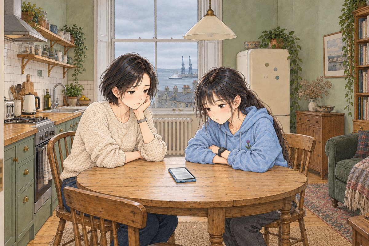 Saturday morning, nine o'clock, grey light, the sea flat and grey. Mama sits at the round table on the LEFT with her phone on the table between them on speaker, screen up; Xiaoyu sits on the RIGHT, arms folded tight on the table, leaning in. Two faces in the middle band. The window above is the quiet area.
