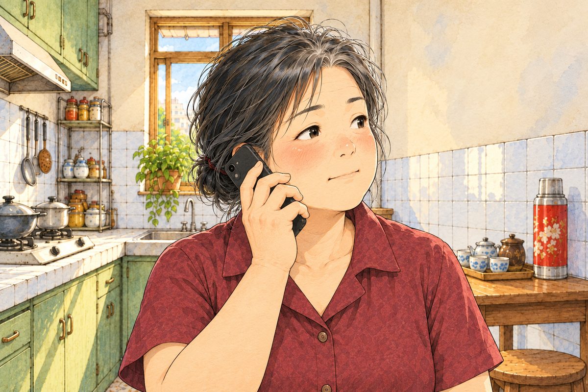 Bridge City, Saturday at four in the afternoon, warm light through the small kitchen window. Auntie Zhang in her plum-red blouse holds her phone in its black case to her ear and looks RIGHT, out of the kitchen door, matter-of-fact. Her face in the middle of the panel. The white wall tiles behind are the quiet area.