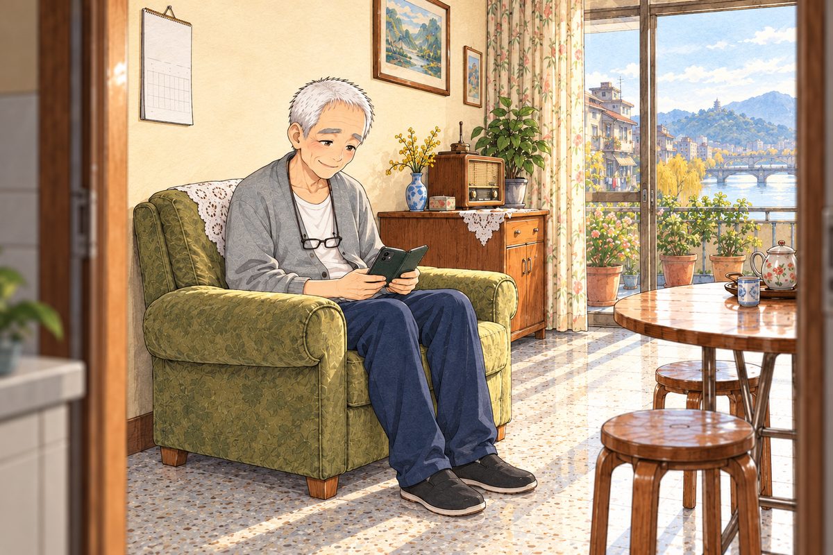 Bridge City, four in the afternoon, gold light from the balcony doors. Through the kitchen doorway, Grandpa sits in his armchair in his grey cardigan, holding his phone in its dark green cover in his lap, looking down at it and smiling, pleased. His face in the middle of the panel. The cream wall above is the quiet area.