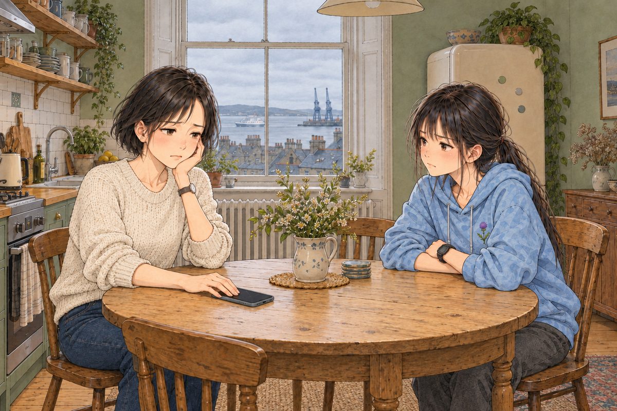 Grey Saturday morning, the call ended, the phone dark on the table. Mama on the LEFT sits back, her hand still on the phone. Xiaoyu on the RIGHT looks at her, frustrated. Two faces in the middle band. The window above is the quiet area.