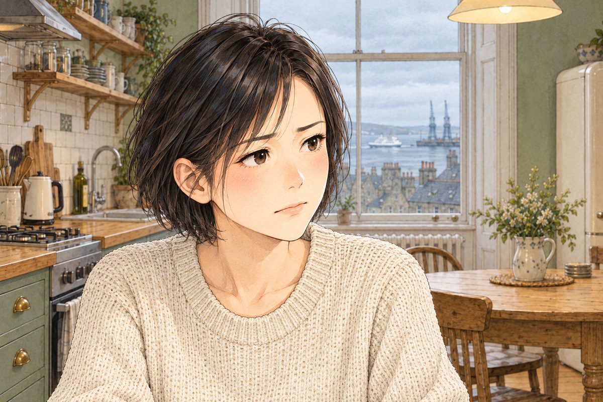 Grey morning light on one side of her face. Mama looks RIGHT at Xiaoyu off panel, steady, a little stubborn. Her face in the middle of the panel. The grey window behind her is the quiet area.