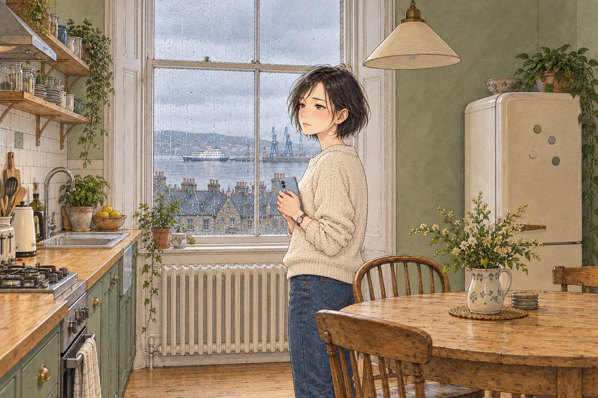 Saturday morning, grey light, rain on the tall window. Mama stands at the window holding her phone low against her chest with both hands, looking out at the grey sea, her face in three-quarter turned towards us. Her face in the middle band. The grey sky and the sea above the roofs are the quiet area.