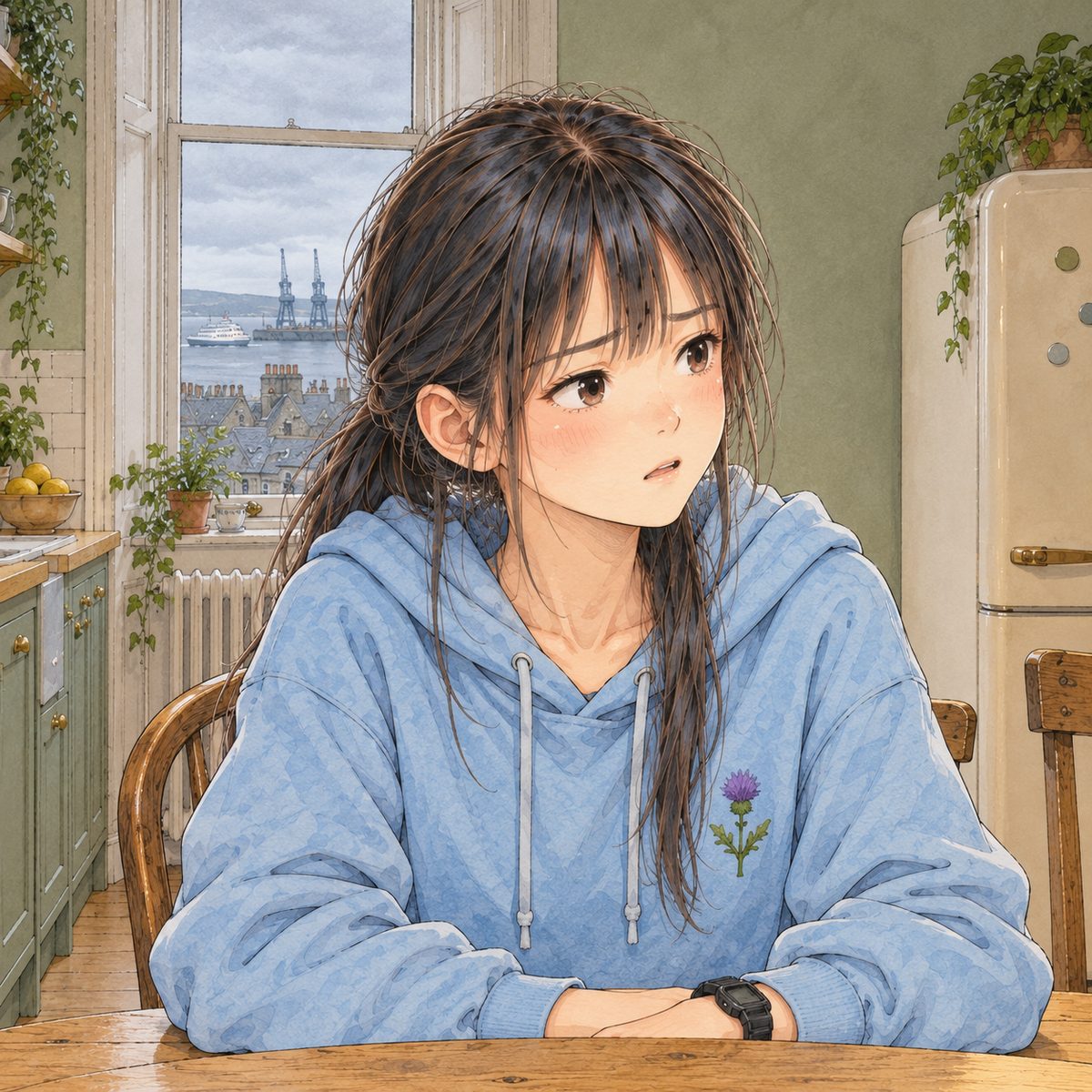 Grey morning. Xiaoyu looks RIGHT at Mama off panel, her voice small. Her face in the middle of the panel. Her hoodie below is the quiet area.