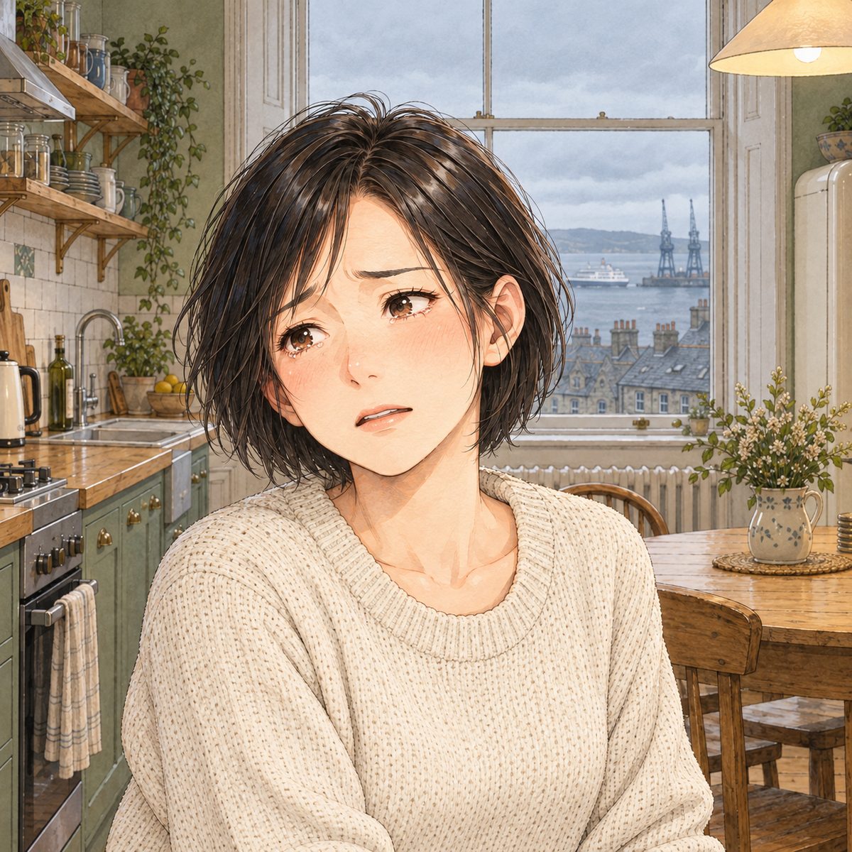 Grey window light behind her. Mama turns her head and looks LEFT at Xiaoyu off panel, her eyes wet, pleading. Her face in the middle of the panel. The window glass behind is the quiet area.