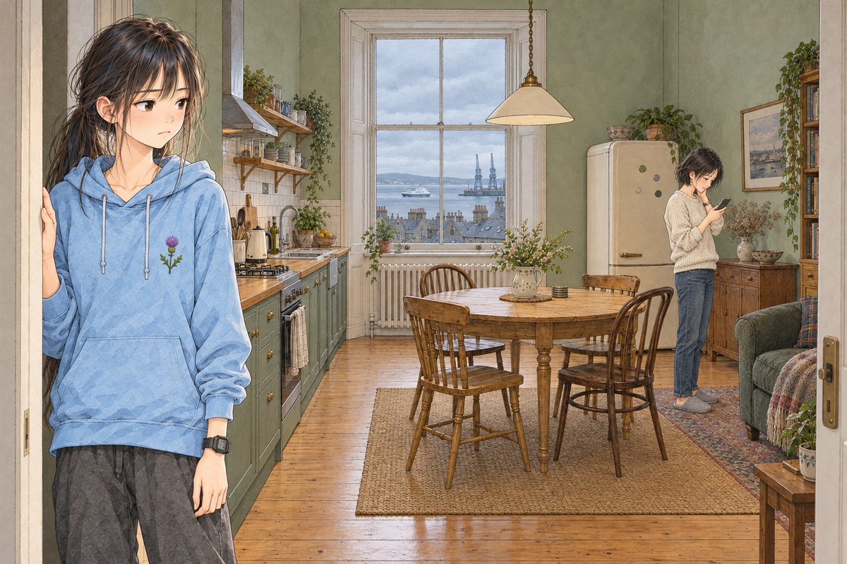 Grey morning. Xiaoyu stands in the hall doorway at the LEFT, half turned away, her hand on the frame. Far across the kitchen on the RIGHT, small at the window, Mama reads her phone again. Two faces in the middle band, Xiaoyu's in three-quarter. The high ceiling above is the quiet area.