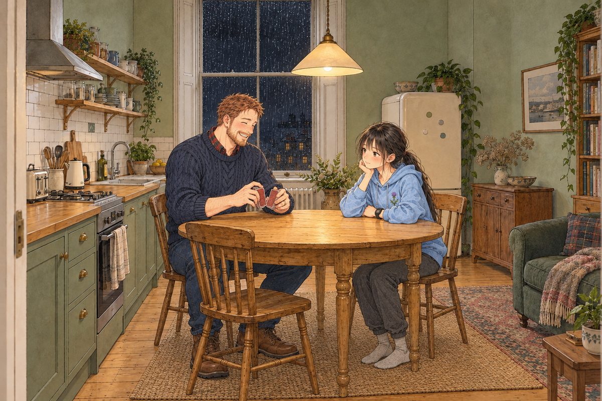 Saturday evening in November, the window black, rain, the low lamp over the round table on. Papa in his navy cable-knit jumper sits at the table on the LEFT shuffling an old worn deck with red backs, grinning. Xiaoyu in her sky-blue hoodie drops into the chair on the RIGHT. Two faces in the middle band. The black window above is the quiet area.