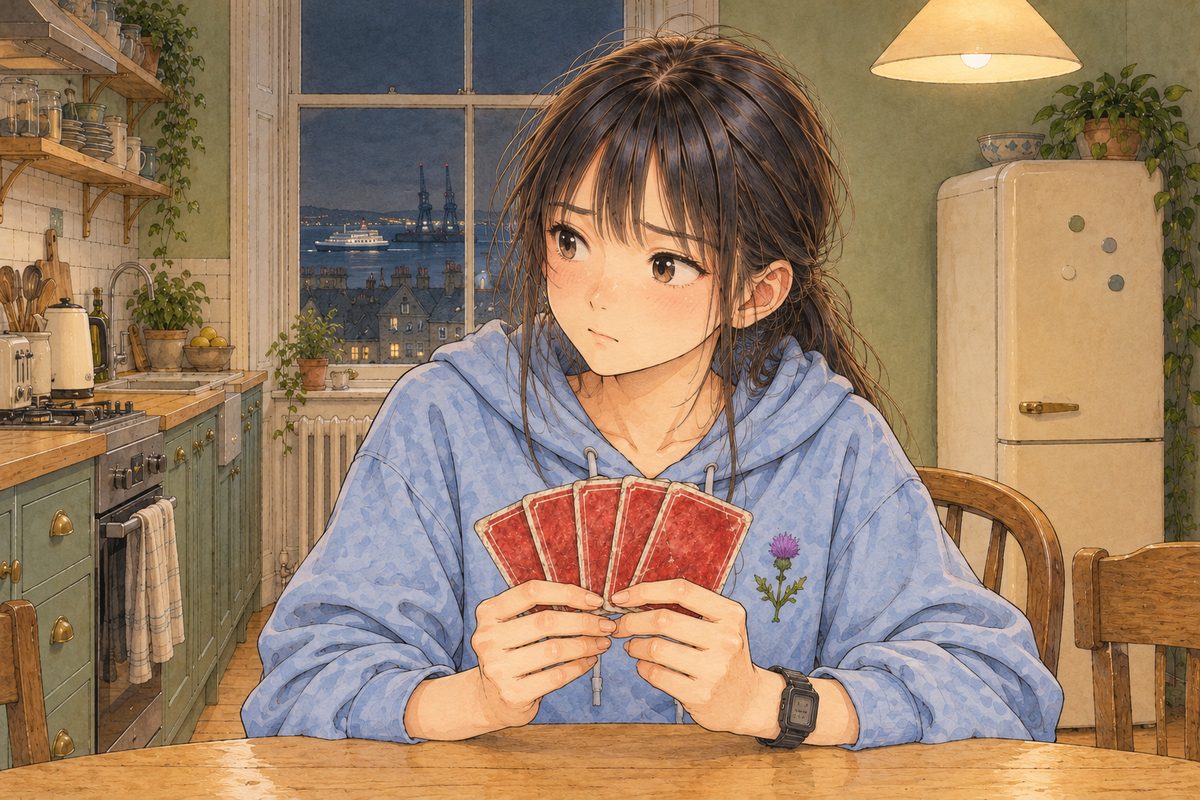 Evening lamplight. Xiaoyu picks up her hand of five cards in a small fan, the red backs to us, and looks LEFT at Papa off panel. Her face in the middle of the panel, above the fan. Her hoodie below is the quiet area.