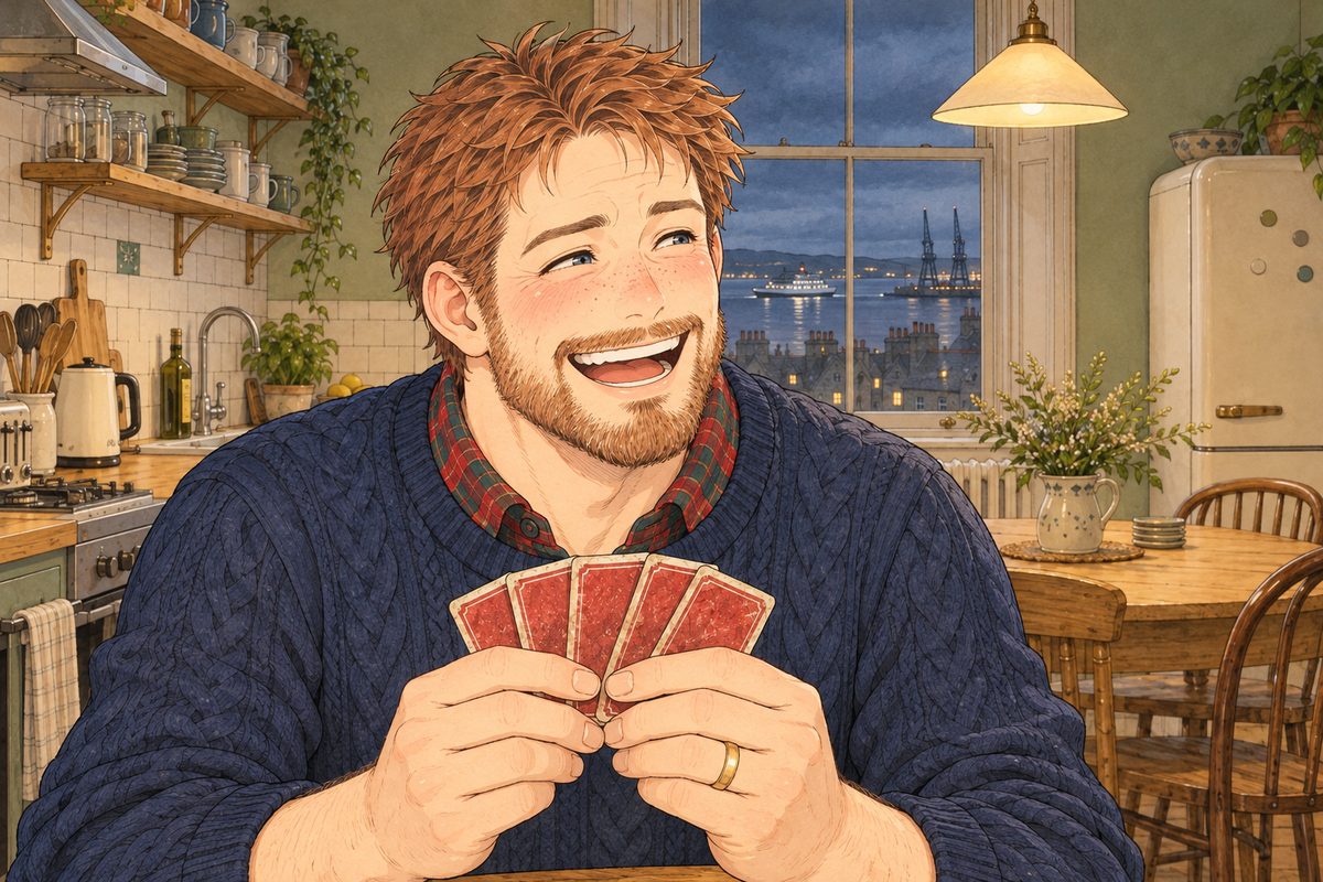 Evening lamplight. Papa laughs, his five-card fan held loosely, looking RIGHT at Xiaoyu off panel. His face in the middle of the panel. His jumper below is the quiet area.