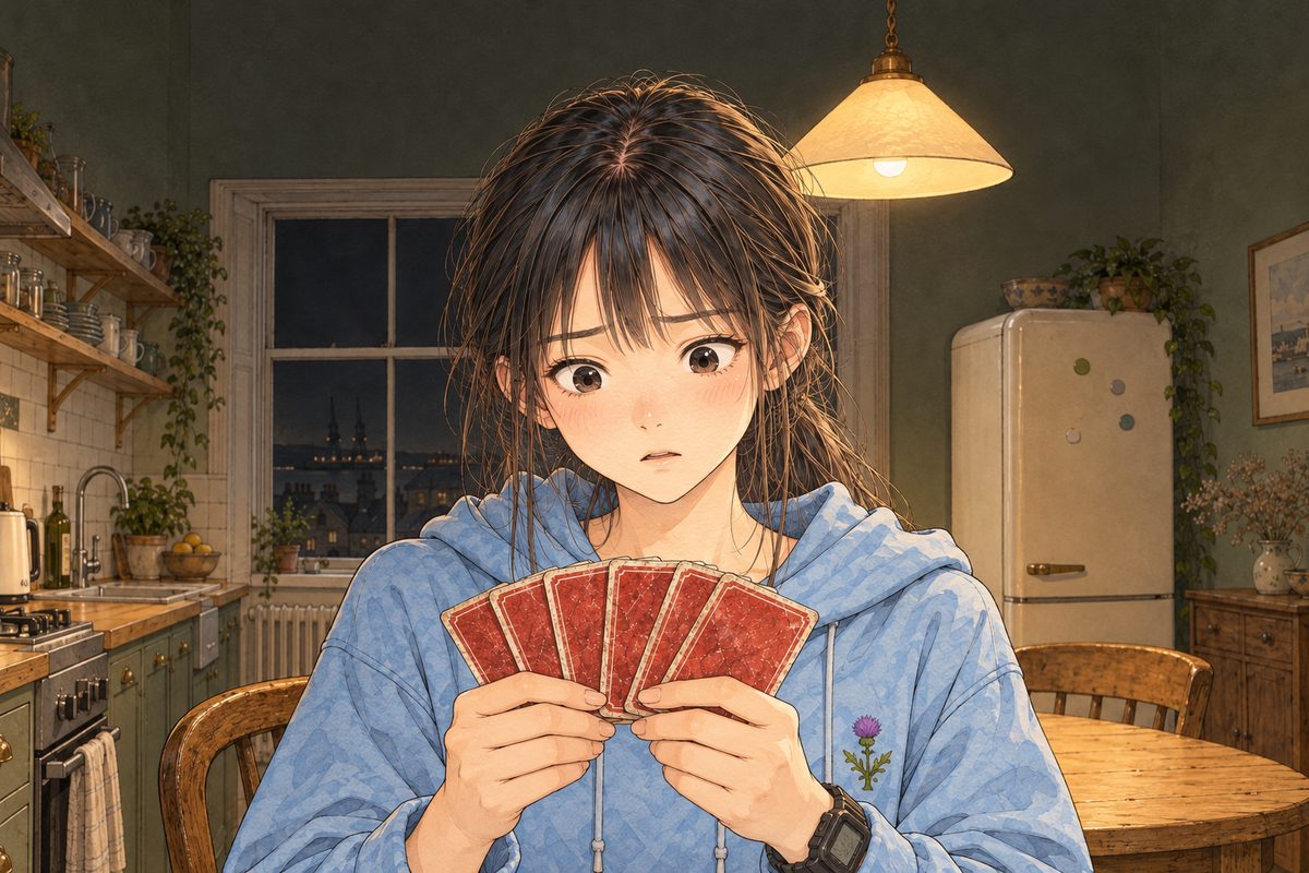 Evening lamplight on her face, the dark kitchen behind. Xiaoyu holds her cards still and stares past them, her eyes going wide as something comes back to her. Her face in the middle band. The dark wall above is the quiet area.