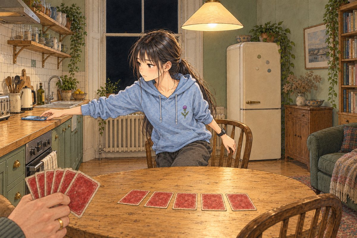 Evening lamplight. Xiaoyu has put her cards face down on the table and half stands, reaching for her pale-blue phone on the worktop behind her; Papa's big hand with its gold wedding ring at the LEFT edge holds his cards, waiting. Her black watch on her LEFT wrist. Her face in the middle band. The black window above is the quiet area.