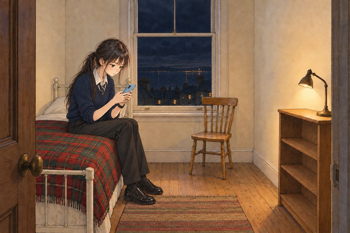 Tuesday, twenty to five, already dark, the tall window black with a few far harbour lights, the reading lamp on. Xiaoyu, home from school in her white shirt and striped tie, sits on the edge of the bed on the LEFT with her phone in both hands, its screen to HER, typing slowly, serious. Her black watch on her LEFT wrist. Her face in the middle band. The black window above is the quiet area.