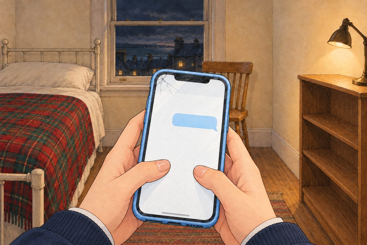 Lamplight. Her two thumbs on the pale-blue phone; on the screen one sky-blue bubble on the right, just sent. NO letters painted.