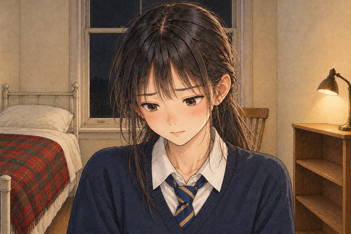Lamplight on one side of her face, the black window behind. Xiaoyu looks down at the phone off panel, holding her breath, very still. Her face in the middle of the panel. Her shirt and tie below are the quiet area.