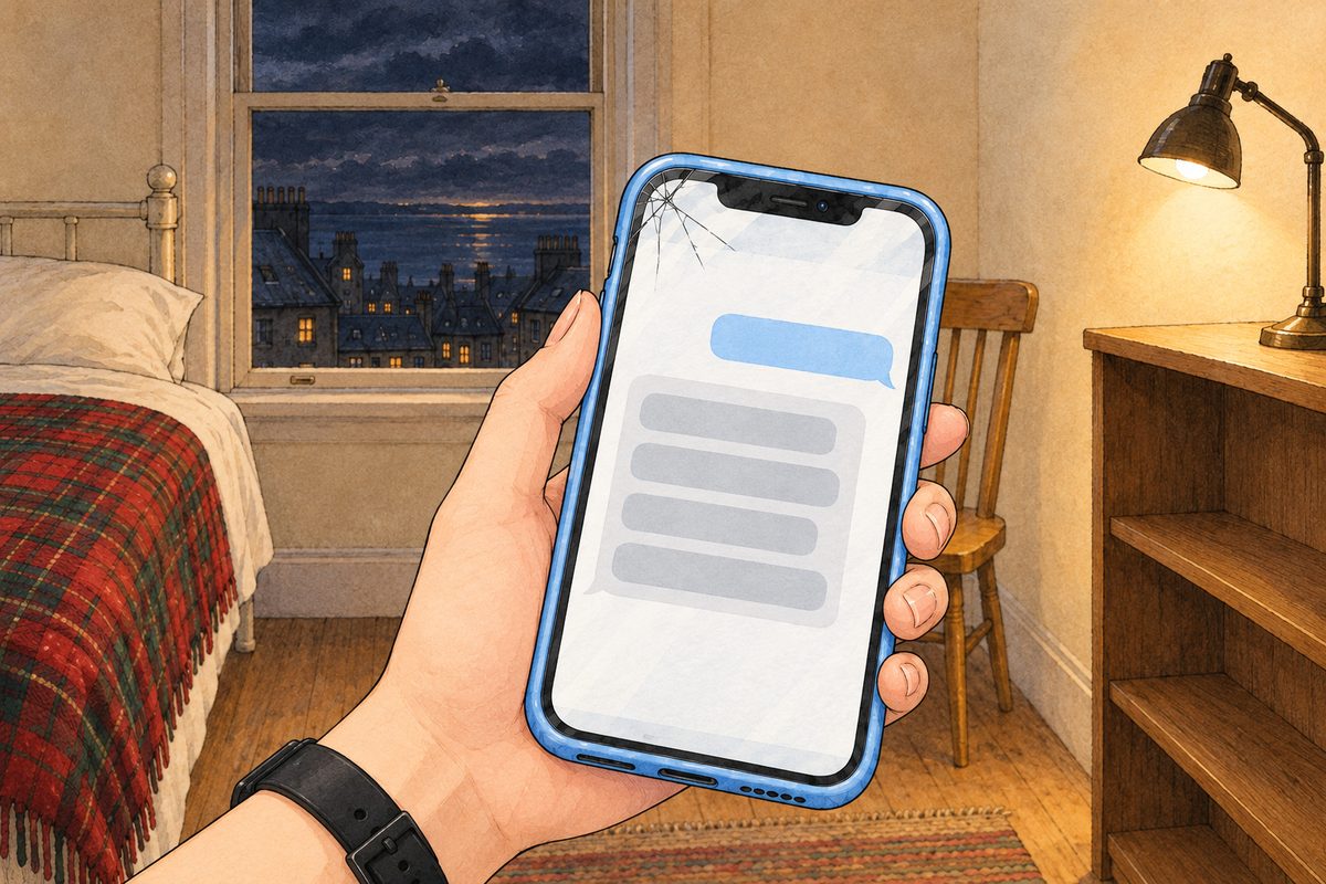 Lamplight. Xiaoyu's hand holds the pale-blue phone, her black watch on her LEFT wrist at the edge. Under her sky-blue bubble, a long pale-grey bubble on the left, laid out as four short neat rows. NO letters or numbers painted.
