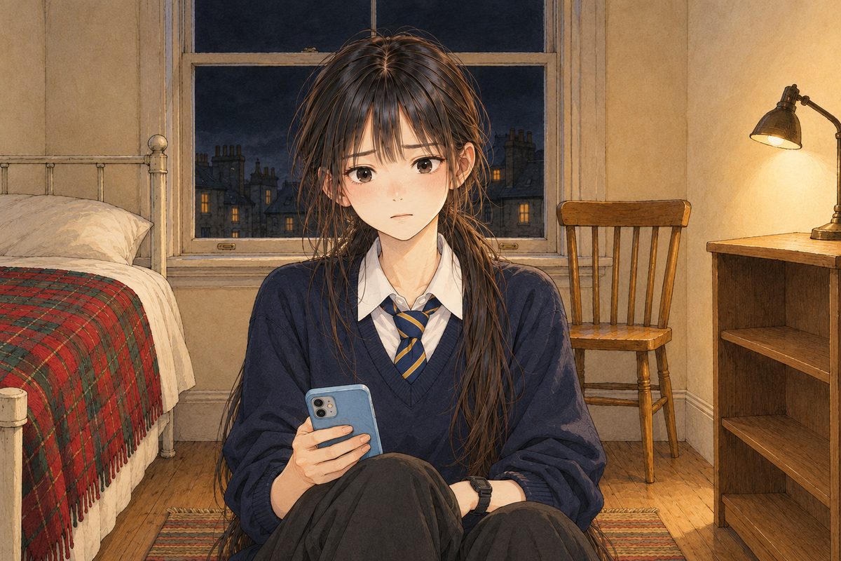 Lamplight, the black window behind her. Xiaoyu has lowered the phone to her lap and looks straight ahead past us, her face very still, the colour gone from it. Her face in the middle of the panel. The dark window above is the quiet area.
