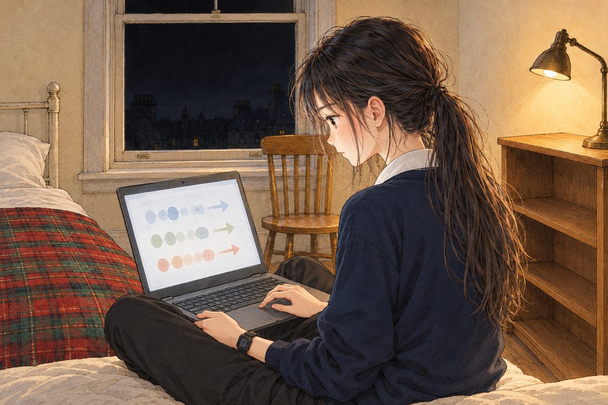 Tuesday evening, five o'clock, the window black, the lamp on. Over Xiaoyu's RIGHT shoulder: she sits cross-legged on the bed with the laptop on her knees, its screen facing HER and us behind her: three short rows of numbers, each with an arrow (NO numbers painted), her finger on the trackpad. Her black watch on her LEFT wrist. Her face in the middle band at the right. The black window above is the quiet area.