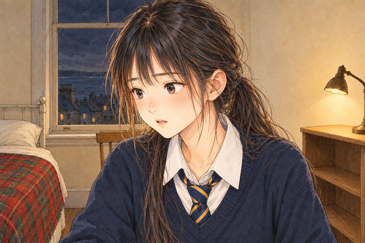 Lamplight. Xiaoyu looks LEFT at the laptop off panel, her lips parted, understanding. Her face in the middle of the panel. Her shirt below is the quiet area.