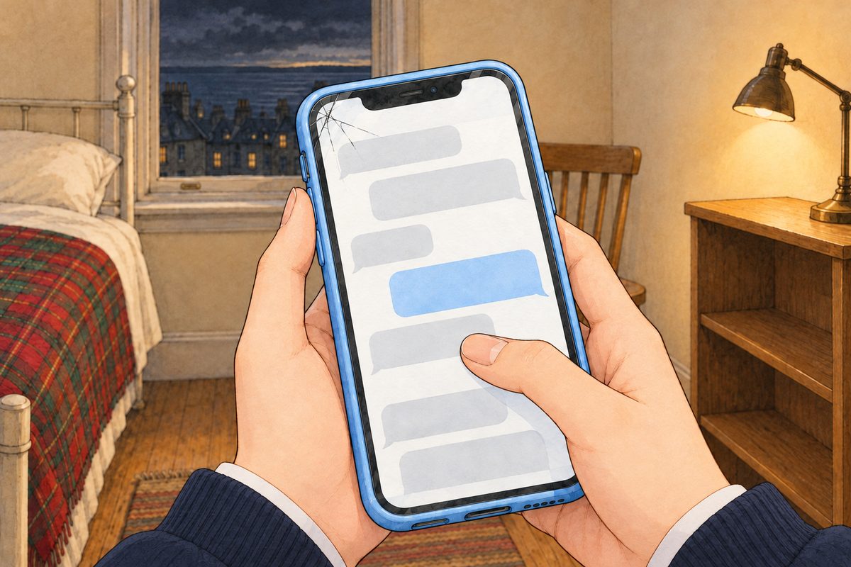 Lamplight. Her thumb scrolls the pale-blue phone back up the chat to an older sky-blue bubble on the right with a grey bubble under it. NO letters painted.