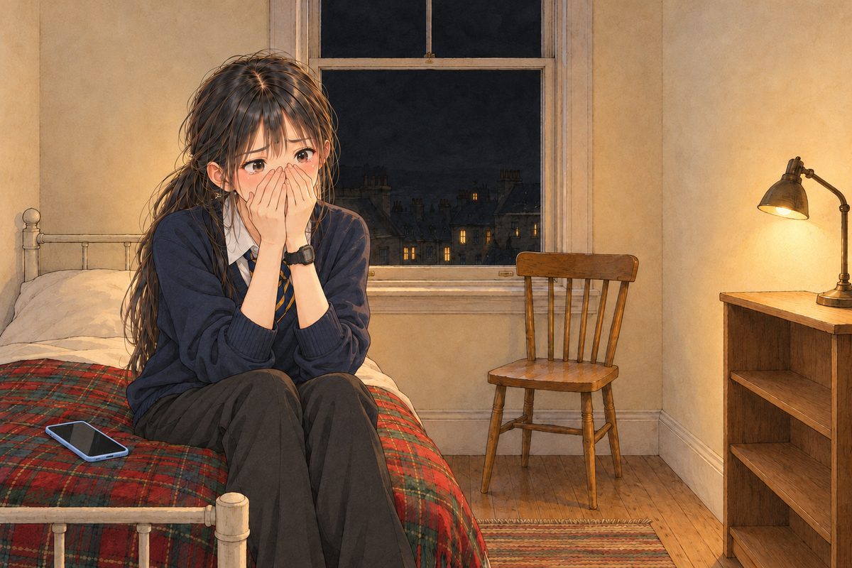 Lamplight, the black window behind her. Xiaoyu sits with both hands pressed over her mouth and nose, her eyes wide and wet, her face burning red above her hands, the phone fallen on the blanket. Her black watch on her LEFT wrist. Her eyes in the middle of the panel. The dark window above is the quiet area.