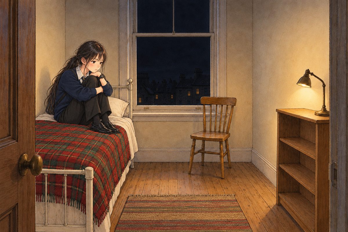 Evening, the lamp on, the black window. Xiaoyu sits curled on the bed with her knees up and her arms round them, her chin on her knees, staring at nothing. Her face in the middle band. The black window and dark ceiling above are the quiet area.