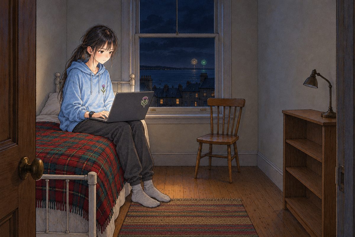 Tuesday night, ten o'clock, Bonfire Night: in the tall black window, far off over the sea, two small fireworks open silently, one gold and one green, tiny and quiet. The reading lamp is off; only the laptop's glow. Xiaoyu in her sky-blue hoodie sits on the bed facing the laptop on her knees, its back half to us, very upright. Her black watch on her LEFT wrist. Her face in the middle band. The black window and night sky above are the quiet area.