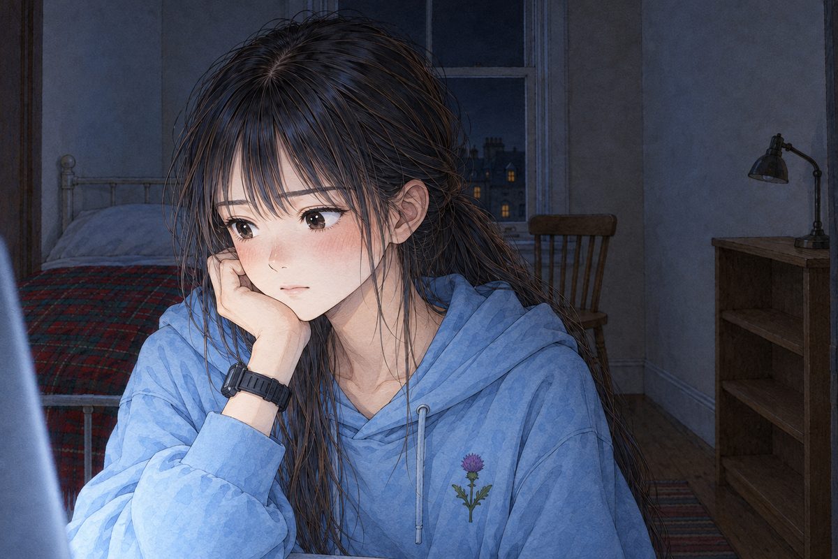 Night, only the cold laptop glow on her face. Xiaoyu looks LEFT at the screen off panel, steady and quiet. Her face in the middle of the panel. Her hoodie below is the quiet area.