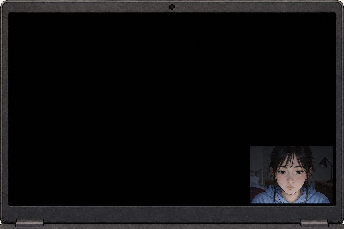 Night. The laptop screen: the big call square plain BLACK, no face, no icon, and in the corner her own small face, still. The black square fills the panel. NO letters painted.
