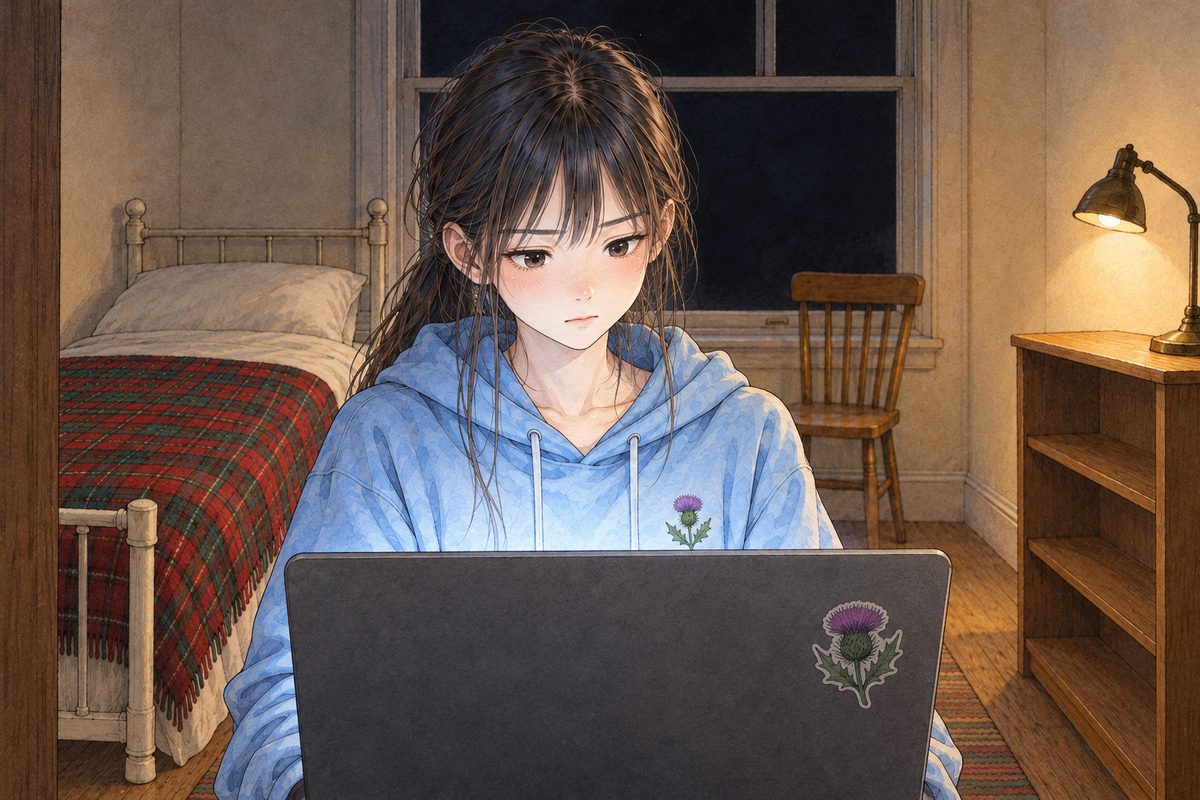Night, the laptop glow. From just behind the laptop's lid, Xiaoyu beyond it, listening, her face unmoving, her eyes fixed on the screen. Her face in the middle band. The black window behind her is the quiet area.