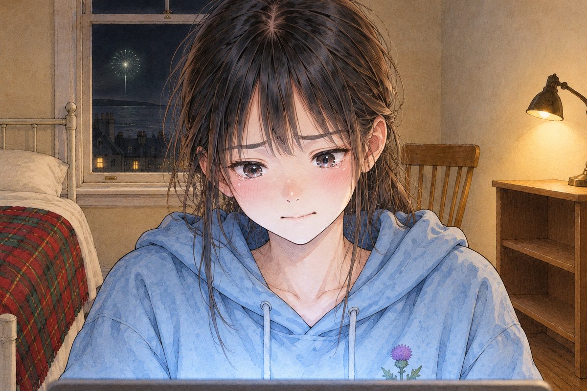 Night, the laptop glow, one far green firework fading in the black window behind her. Xiaoyu's eyes fill; her mouth is pressed shut. Her face in the middle of the panel. Her hoodie below is the quiet area.