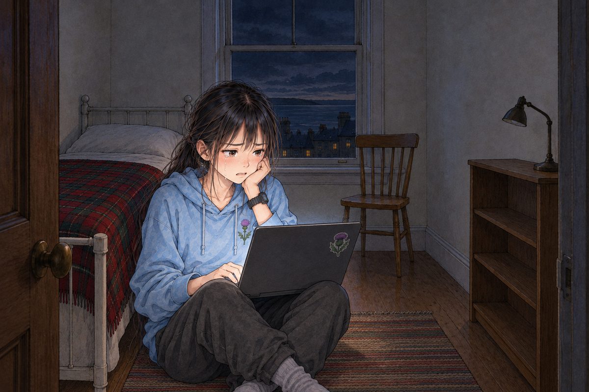 Night, only the laptop glow. Xiaoyu leans towards the laptop, its back half to us, tears on her cheeks, her voice low and shaking. Her black watch on her LEFT wrist. Her face in the middle band. The black window above is the quiet area.