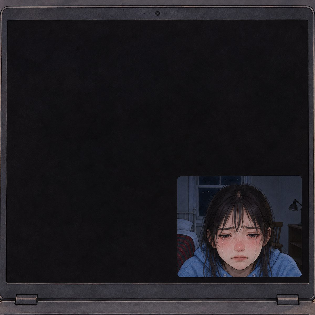 Night. The black call square fills the panel, silent. In its corner her own small face, crying. NO letters painted.