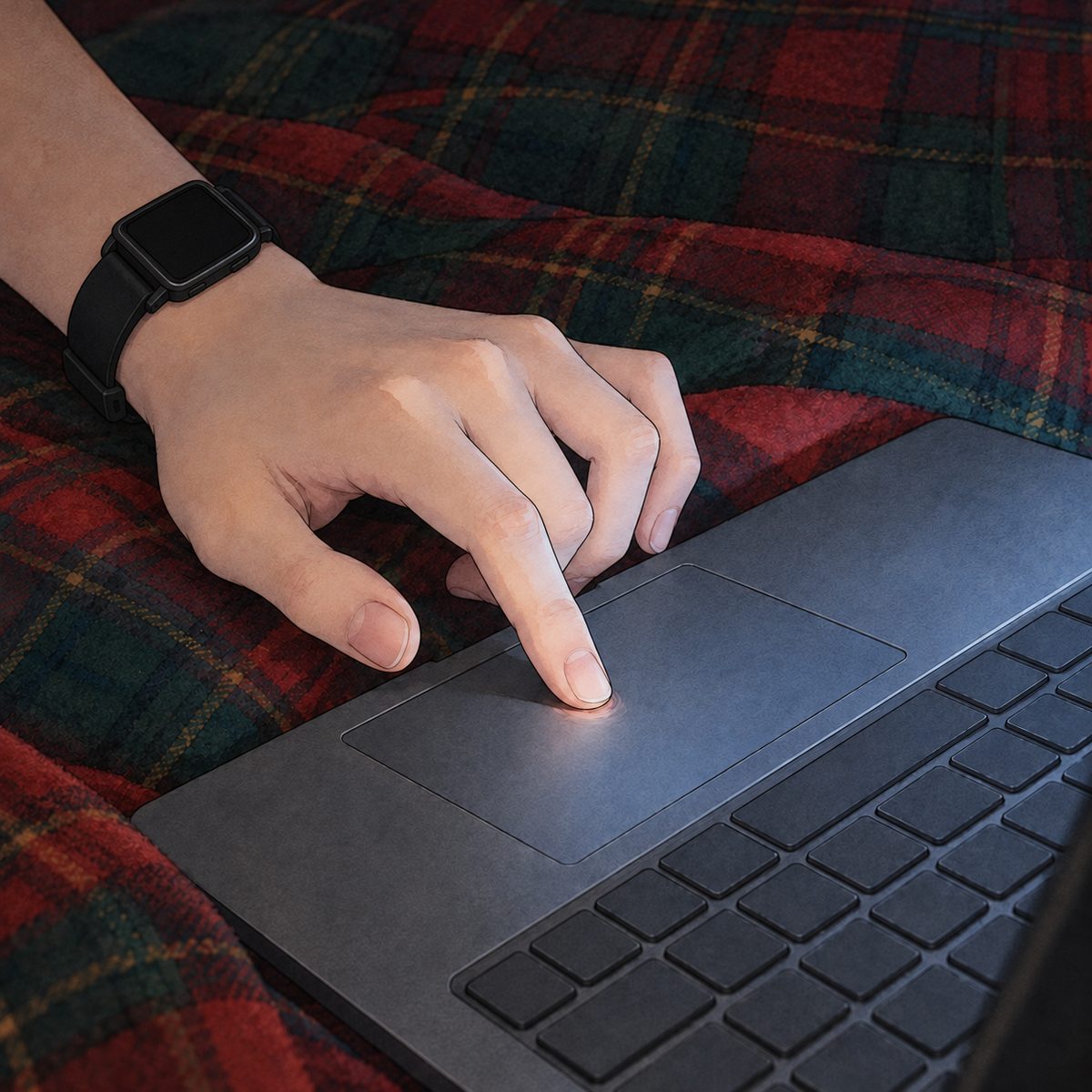 Night, the laptop glow. Xiaoyu's LEFT hand, her black watch on its wrist, presses one finger down on the trackpad, hard. Only the hand and the edge of the keyboard; the dark blanket around is quiet.