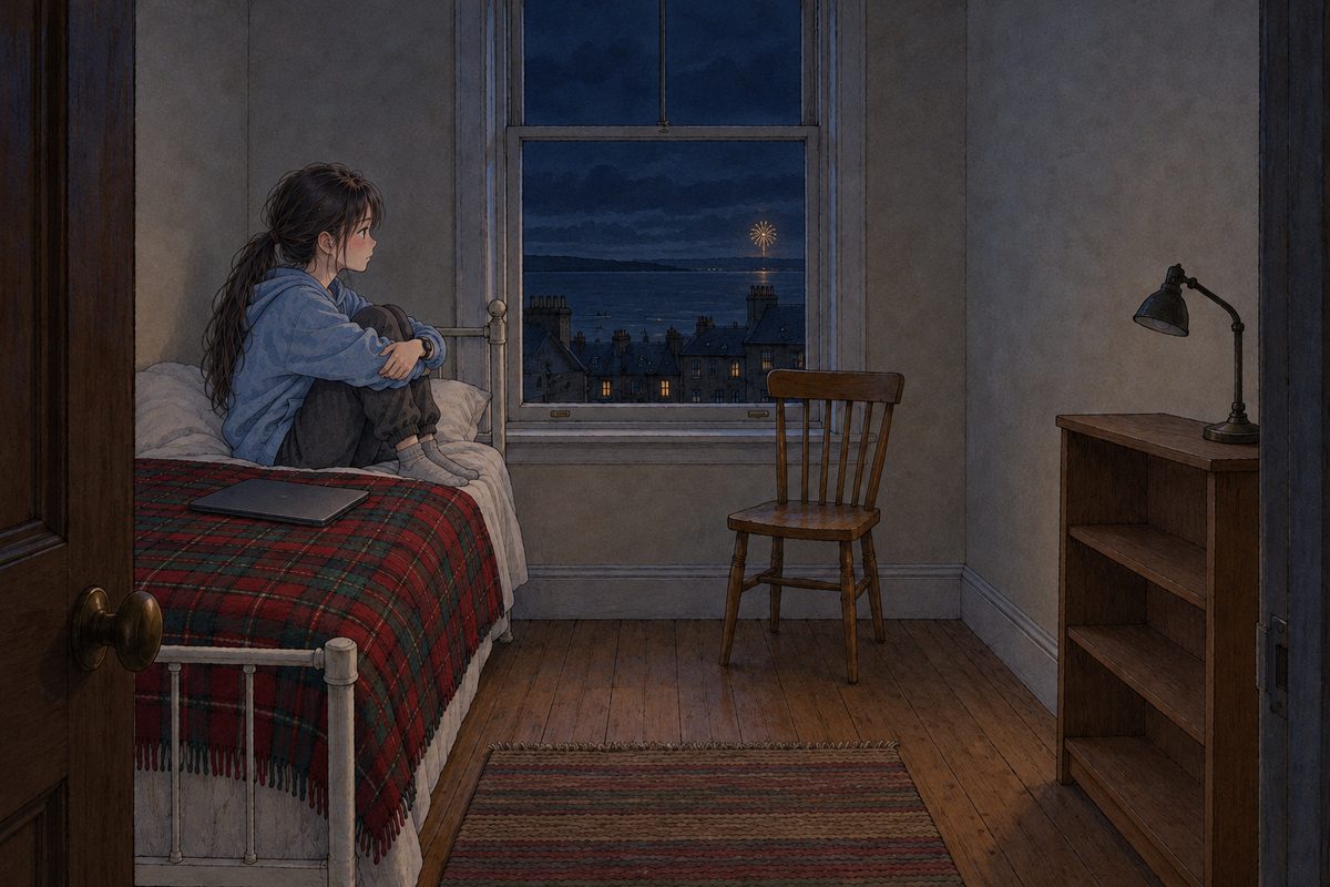 Night, the room dark, the laptop shut on the blanket. Xiaoyu sits on the bed against the wall with her knees up and her arms round them, small in the dark room. In the tall black window, far over the sea, one last small gold firework opens. Her face in profile in the middle band. The big black window is the quiet area.