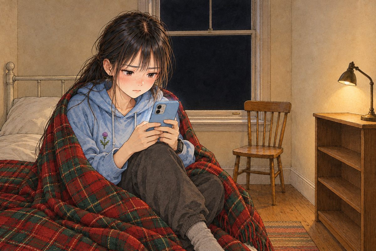 Midnight, the window black and still, the reading lamp on low. Xiaoyu sits on the bed wrapped in the tartan blanket, her eyes red, holding her phone in both hands, its screen to HER, typing one message. Her black watch on her LEFT wrist. Her face in the middle band. The black window above is the quiet area.