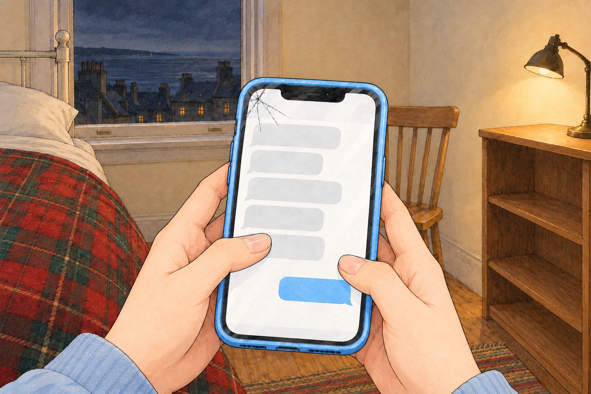 Lamplight. Her two thumbs on the pale-blue phone; on the screen, above, a stack of unopened grey message rows, and at the bottom one sky-blue bubble on the right, just sent. NO letters painted.