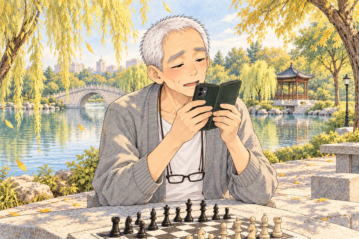 Bridge City, Wednesday, four in the afternoon, a cooler day, low gold sun, a few yellow willow leaves falling. Grandpa sits alone at the stone table in his grey cardigan, holding his phone in its dark green cover up near his mouth in both hands, its screen towards HIM, speaking slowly and carefully, his eyes half closed. His face in the middle of the panel. The yellow willows behind him are the quiet area.