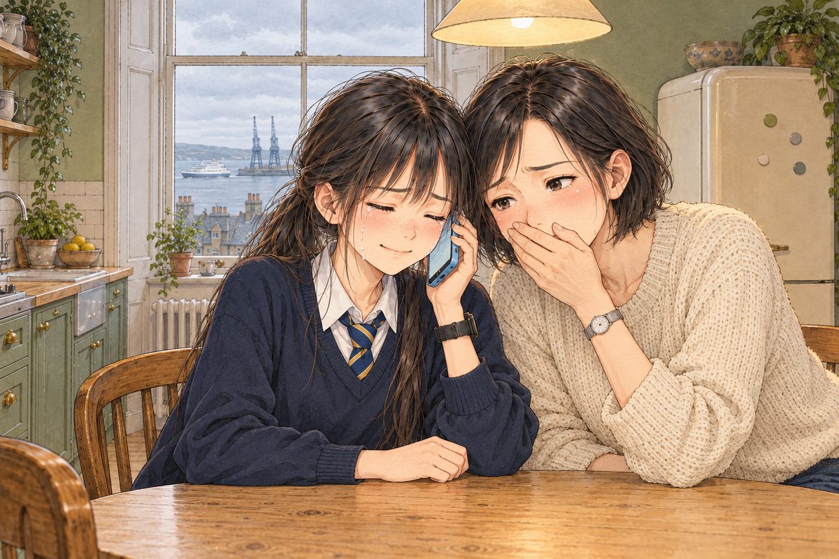 Wednesday morning, eight o'clock, the first grey light in the tall window. Xiaoyu in her school uniform sits at the round table on the LEFT holding her phone to her ear with her eyes closed, tears and a small smile at once. Mama in her oatmeal jumper leans in close on the RIGHT, her cheek near the phone, listening too, her hand over her mouth. Two faces in the middle band. The window and pale sky above are the quiet area.