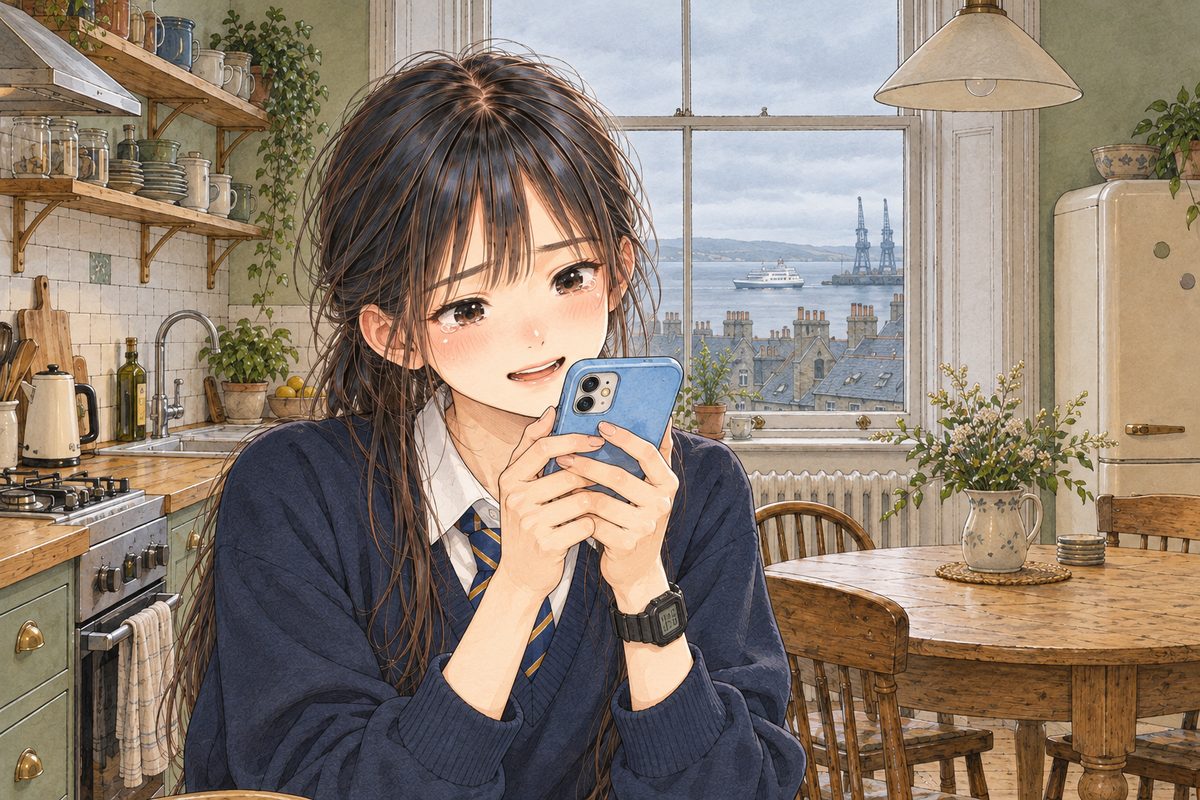 Wednesday morning, grey light growing over the sea in the window behind her. Xiaoyu holds her phone up near her mouth in both hands, its screen towards HER, speaking a voice message back, smiling through wet eyes. Her black watch on her LEFT wrist. Her face in the middle band. The pale sky in the window above is the quiet area.