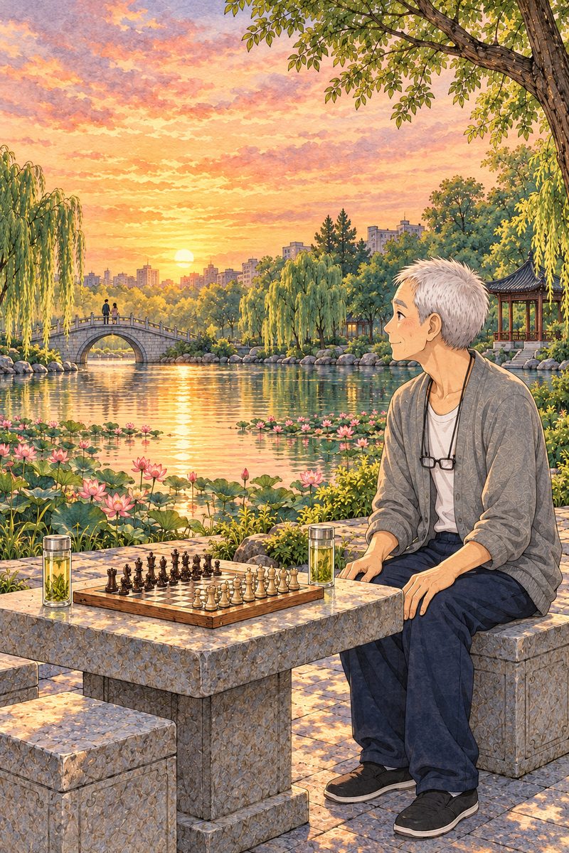 Summer dusk at the lake, the sky gold and rose, pink lotus on the still water, the willows dark against the sky. In the foreground on the RIGHT, Grandpa Chen in his grey cardigan sits alone at the square stone table with the chessboard set up for a game in front of him, two tall clear glasses of green tea on the table, one by him and one by the empty stone stool across from him. He sits very straight with his big hands resting on his knees, looking out across the lake towards the bridge, patient, waiting. Far off on the LEFT, small and dark against the gold water, the arched stone bridge with two young figures on it, a tall boy and a girl, too small to see their faces. Grandpa's face in three-quarter in the middle band. The gold sky above is the quiet area for the title.