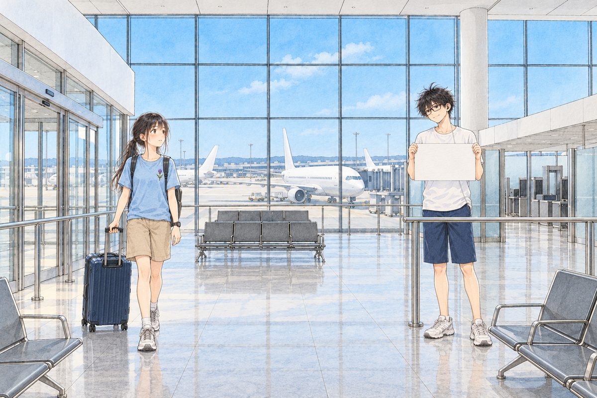 Saturday afternoon at four, bright hazy summer light through the tall glass wall. Xiaoyu, sixteen, comes out through the arrivals sliding doors on the LEFT pulling a dark blue suitcase with her RIGHT hand, a small backpack on her back, her black watch on her LEFT wrist, looking round the hall over everyone's heads. On the RIGHT at the silver rail stands a tall young man in a white t-shirt holding a plain white card up at his chest in both hands; she looks straight past him. Two faces in the middle band, small. The tall glass wall and the white planes above are the quiet area.