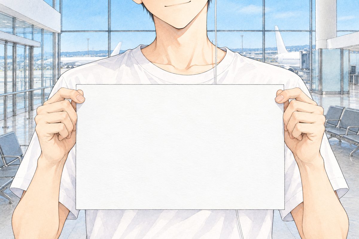 Bright afternoon light. Two big hands hold a plain white card up by its top corners, at chest height; behind it a white t-shirt. The card is BLANK, nothing written on it; the name is lettered in afterwards. Above the card, only his chin.