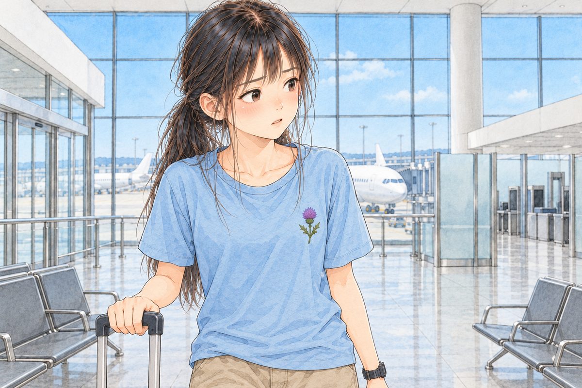 Bright afternoon light. Xiaoyu stops with her suitcase handle in her RIGHT hand and looks to the RIGHT and a little DOWN, at the height of a boy shorter than her, searching the few far-off people, puzzled. Her face in the middle of the panel. Her t-shirt below is the quiet area.