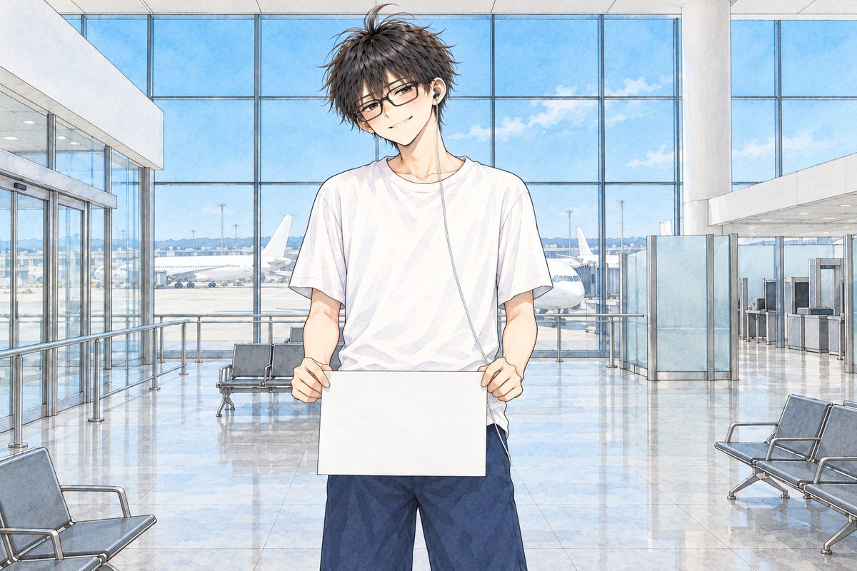 Bright afternoon. Haoran, seventeen, tall in his white t-shirt, has lowered the white card to his waist in both hands and grins down at Xiaoyu off panel to the LEFT, shy and pleased; his one white earbud in his LEFT ear, on the viewer's right. His face in the middle of the panel. The tall glass wall above him is the quiet area.
