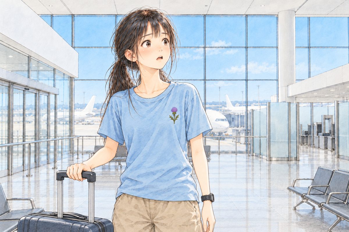 Bright afternoon. Xiaoyu looks UP and to the RIGHT at Haoran off panel, her mouth open, her hand still on the suitcase handle, too surprised to smile. Her black watch on her LEFT wrist. Her face in the lower middle of the panel. The white ceiling and glass wall above are the quiet area.