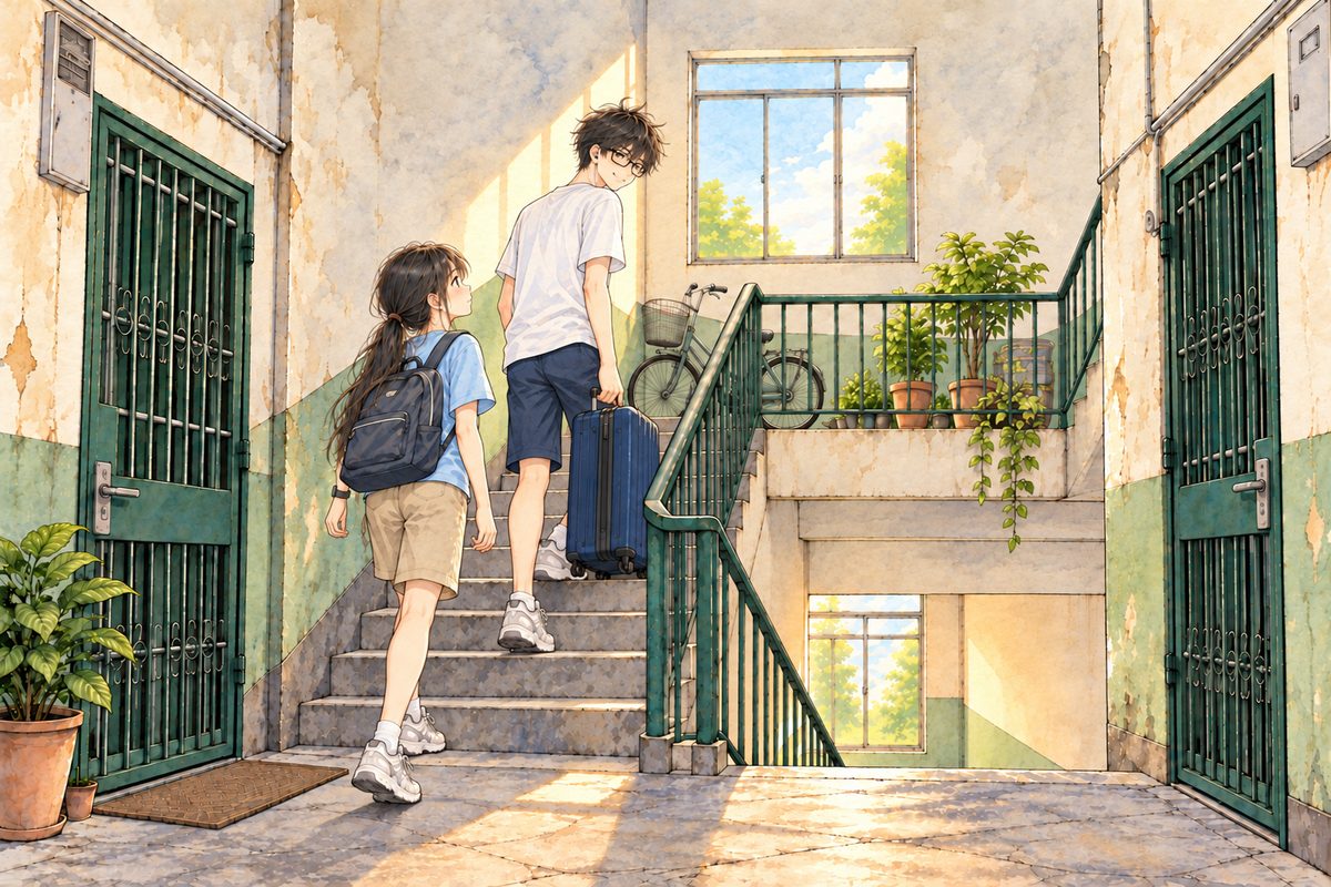 Saturday, half past five in the afternoon, warm low sun through the high window. Haoran climbs the last flight ahead, carrying her dark blue suitcase in his RIGHT hand; Xiaoyu follows two steps below him on the LEFT, her backpack on, looking up at the landing. Pot plants and a bicycle on the landing. Two faces in the middle band, his in three-quarter. The high window and the pale wall above are the quiet area.