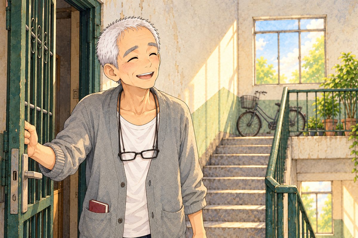 Late afternoon sun on the landing. Grandpa in his grey cardigan swings his dark green security gate open with his LEFT hand and beams to the RIGHT at Haoran off panel, delighted, easy. His glasses on their cord at his chest. His face in the middle of the panel. His cardigan below is the quiet area.