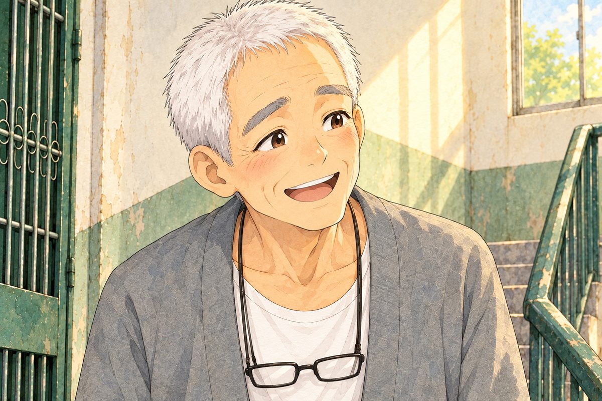Late afternoon sun. Grandpa's eyes move to the girl beside Haoran, a little lower, and his whole face lights up with joy. His face in the middle of the panel. His cardigan below is the quiet area.